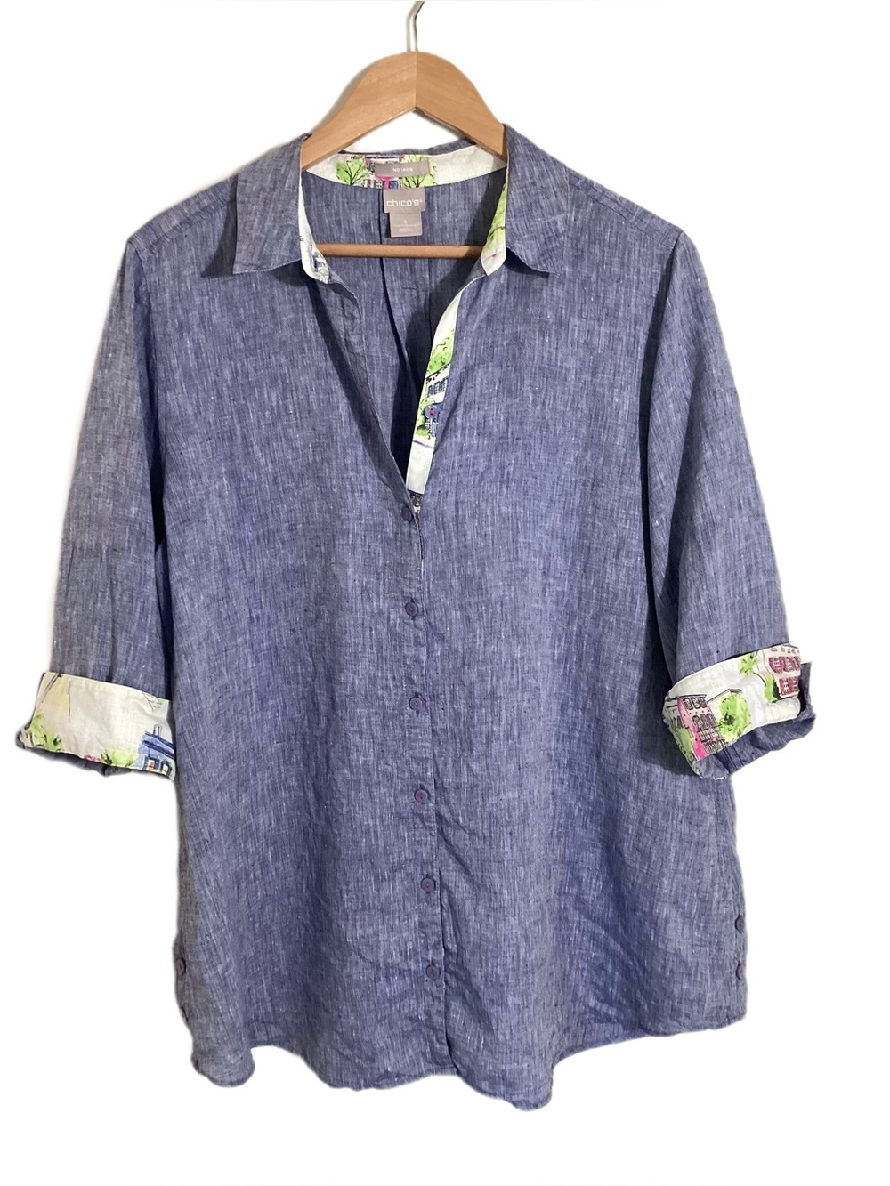 Chico's 100% Linen Blue Collared Top Sz 3/XL/16
